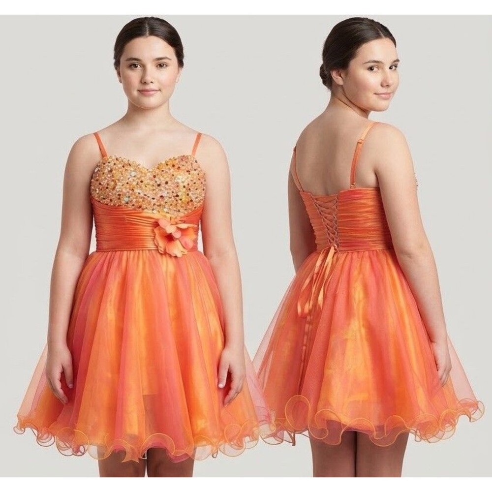 Nina Canacci Stunning Orange Beaded Tulle Homecoming Party Dress Size 10